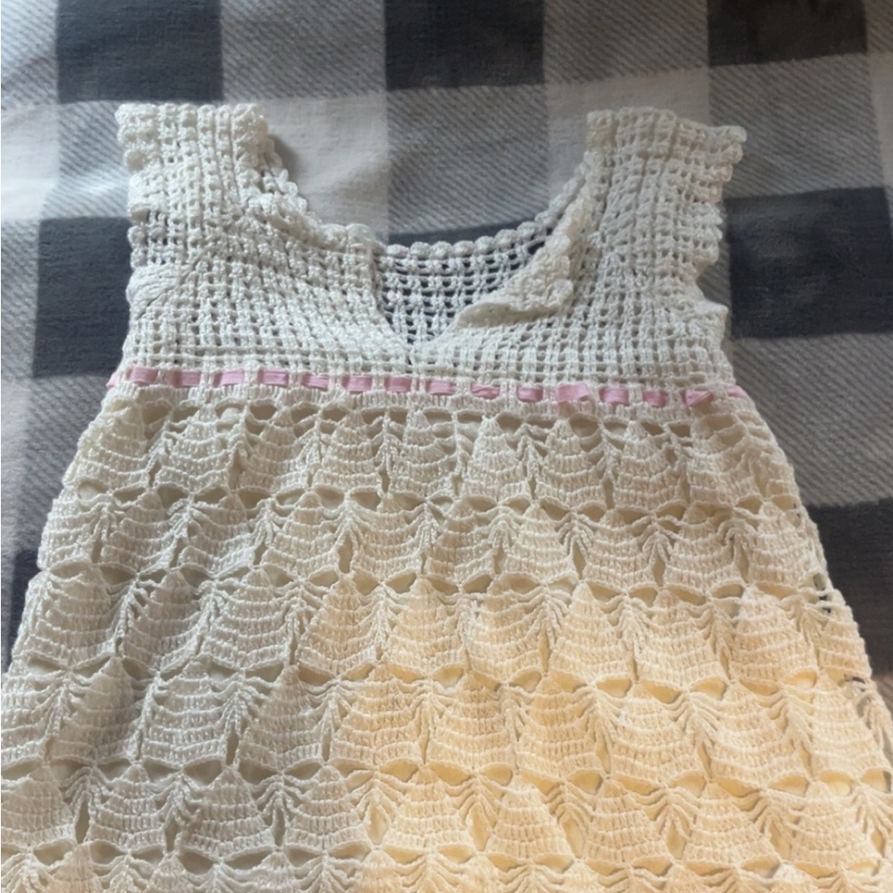 Cream Crochet Baby Dress with Pink Accents